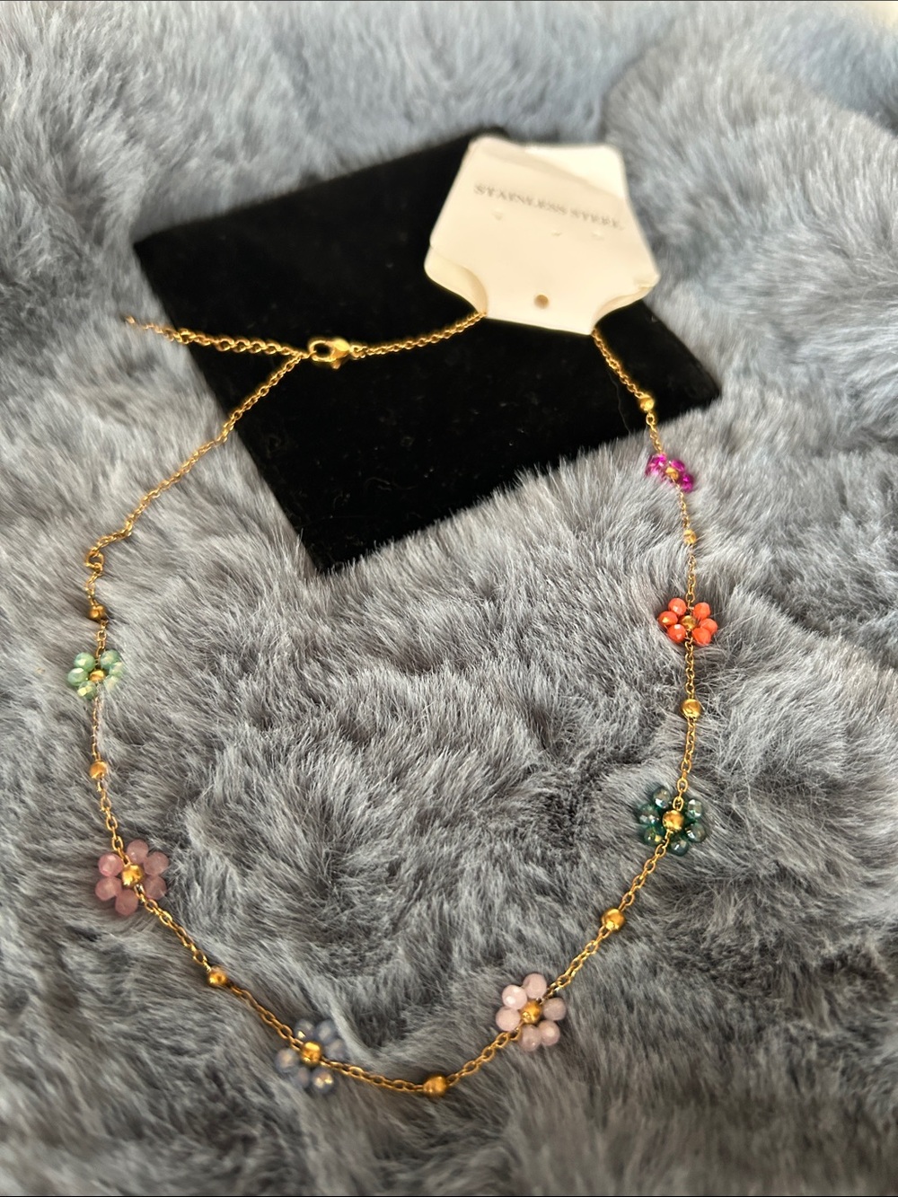 Stainless Steel Gold-Tone Multicolor Flower Station Necklace